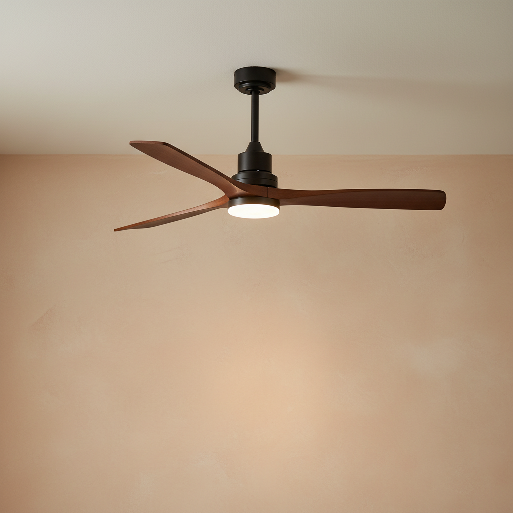 52" Wood Blade Downrod Ceiling Fan with Integrated LED Disc Light - light on
