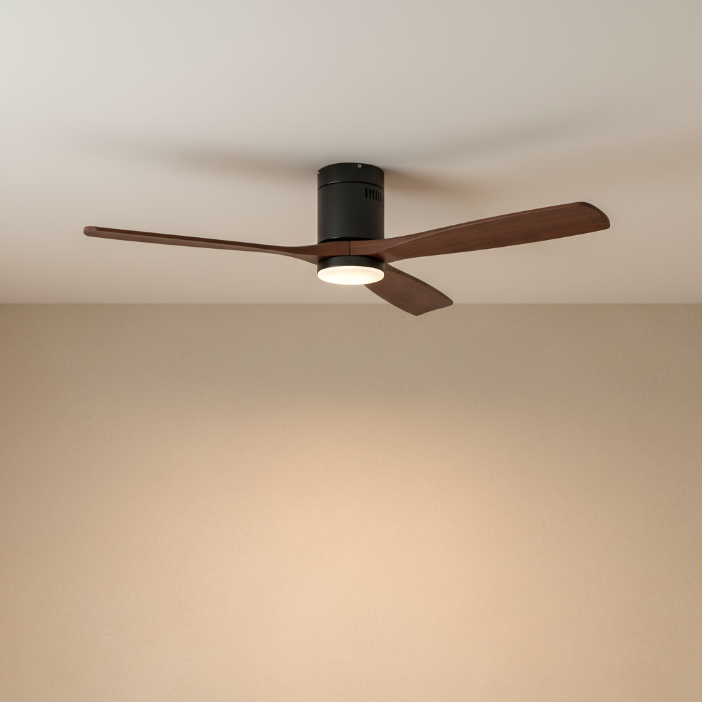 52" Wood Blade Flush Mount Ceiling Fan with LED Disc Light - light on