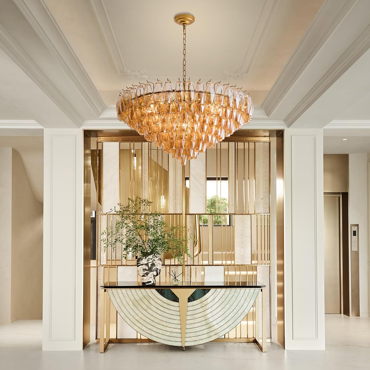 Tiered Smoke Blown Glass Brass Chandeliers
