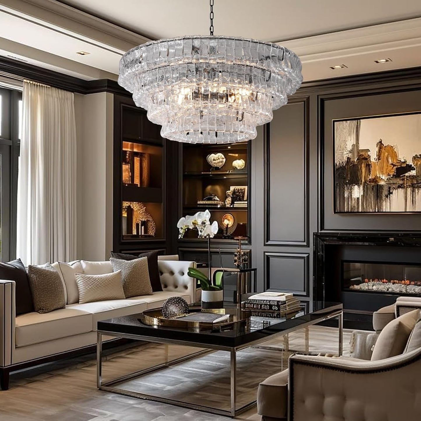 54’’ Black Rectangular Clear Glass Drum Chandelier for Dining Rooms