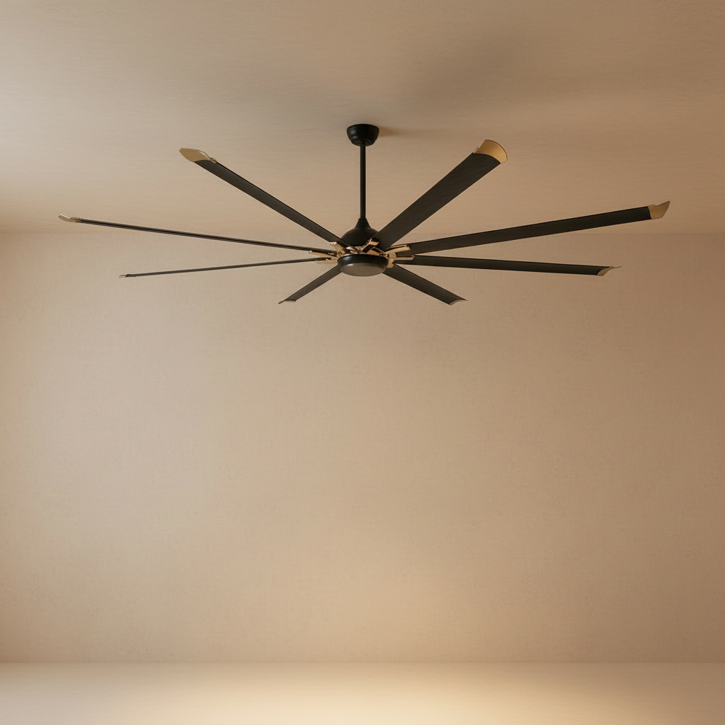 A modern eight-blade industrial ceiling fan with a matte black and rose gold finish featuring a center frosted LED light
