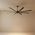 A modern eight-blade industrial ceiling fan with a matte black and rose gold finish featuring a center frosted LED light