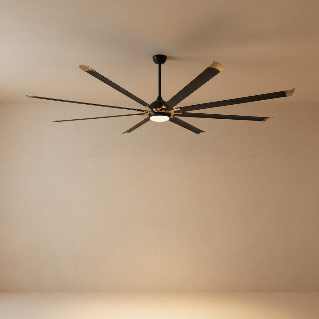A modern eight-blade industrial ceiling fan with a matte black and rose gold finish featuring a center frosted LED light