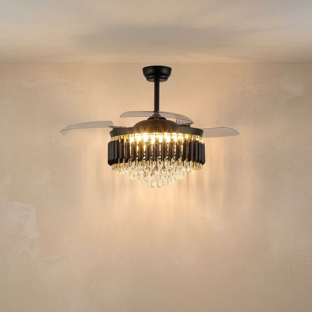 Clear Acrylic Blade Ceiling Fan with Crystal Chandelier - light on