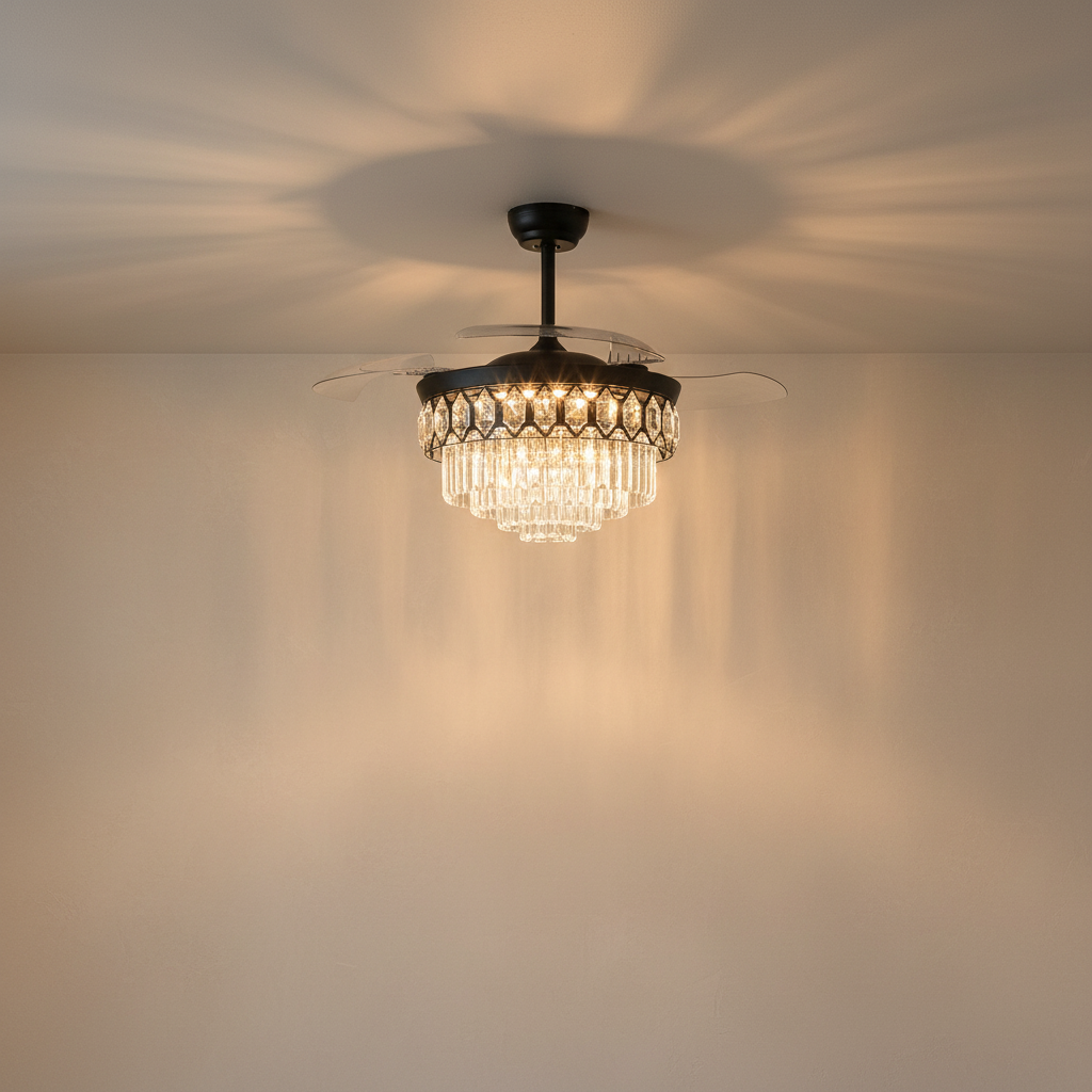 48" Retractable Blade Ceiling Fan with Crystal Chandelier - light on