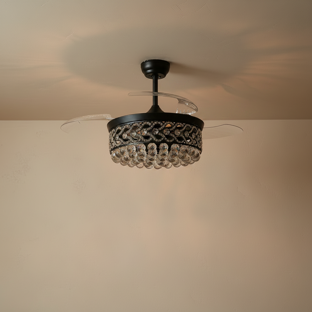 48" Retractable Blade Ceiling Fan with Crystal Drum Chandelier - light off