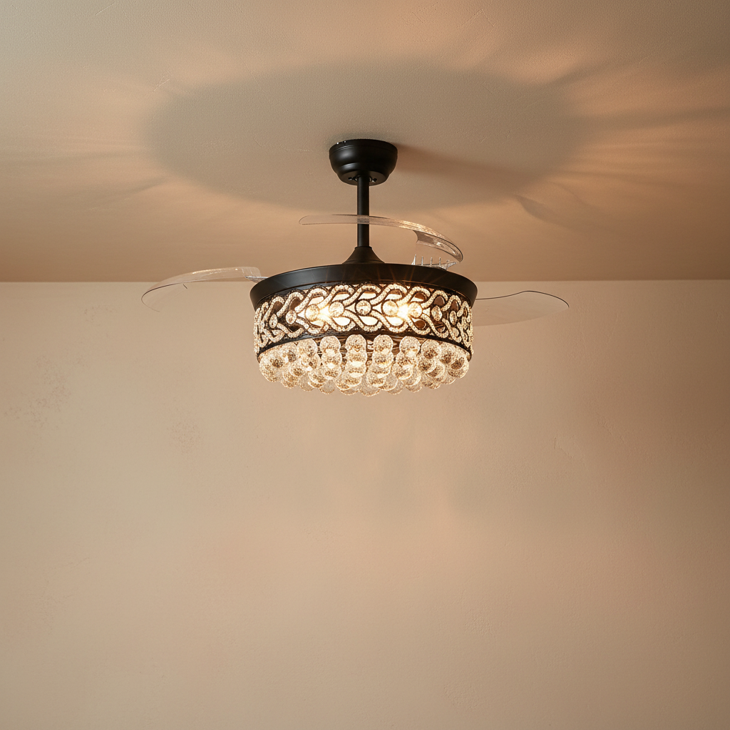 48" Retractable Blade Ceiling Fan with Crystal Drum Chandelier - light on