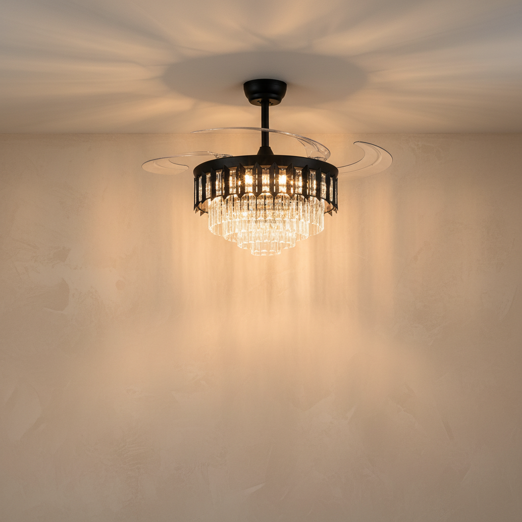 48" Crystal Chandelier Ceiling Fan with Retractable Blades - light on