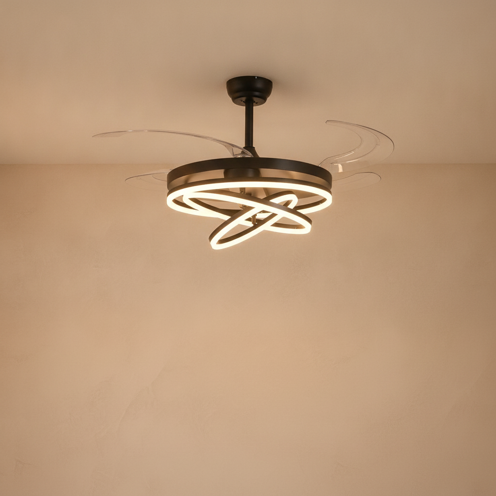 48" Retractable Blade Ceiling Fan with Integrated LED Ring Light - light on