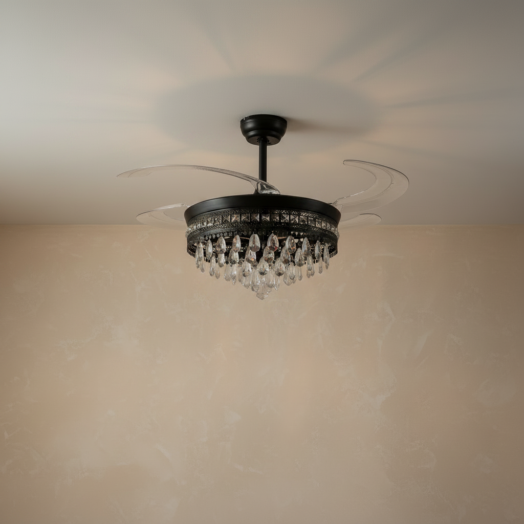 A matte black drum frame ceiling fan with cascading crystals and retractable clear acrylic blades.