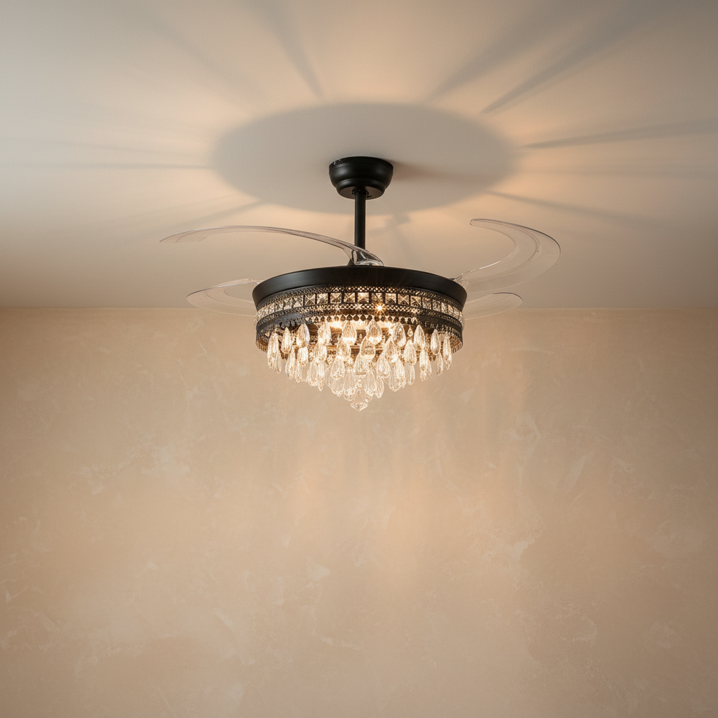 A matte black drum frame ceiling fan with cascading crystals and retractable clear acrylic blades.