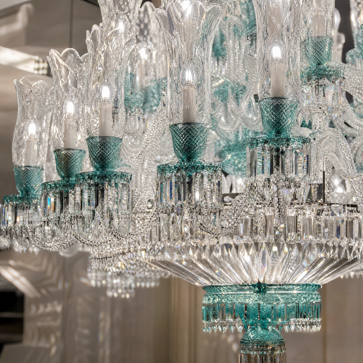 91-Light Tiered Teal Tulip Glass Chandelier