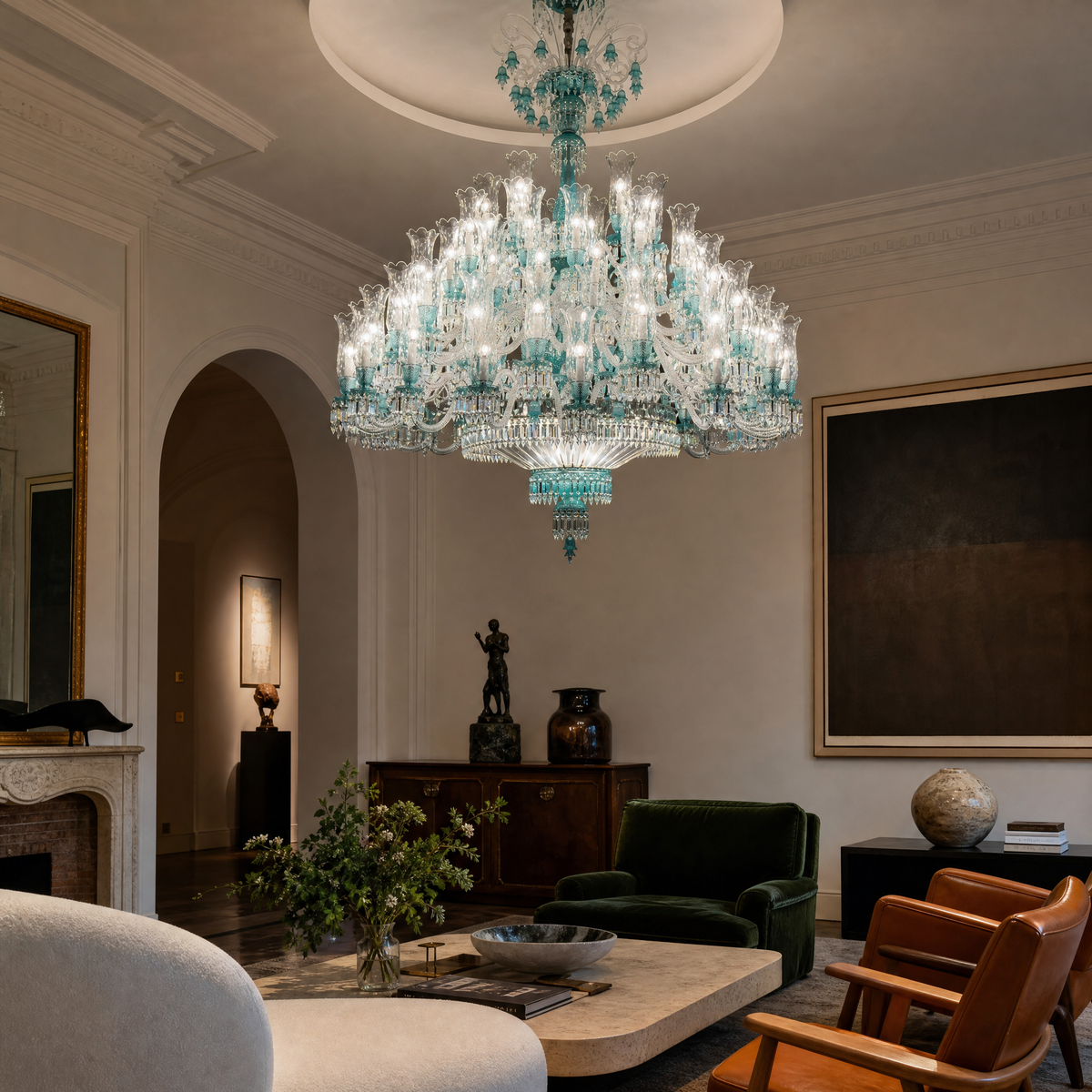 91-Light Tiered Teal Tulip Glass Chandelier