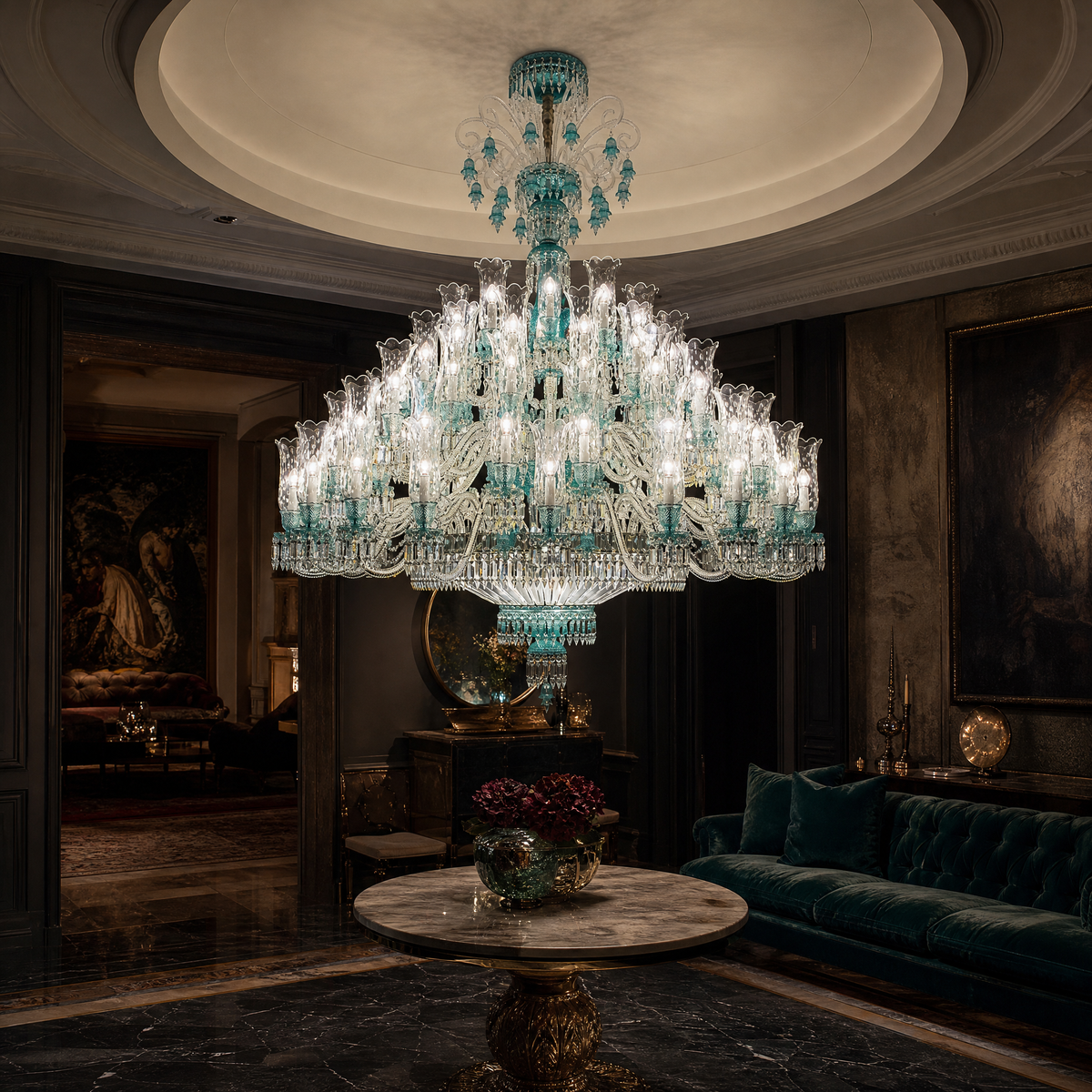 91-Light Tiered Teal Tulip Glass Chandelier
