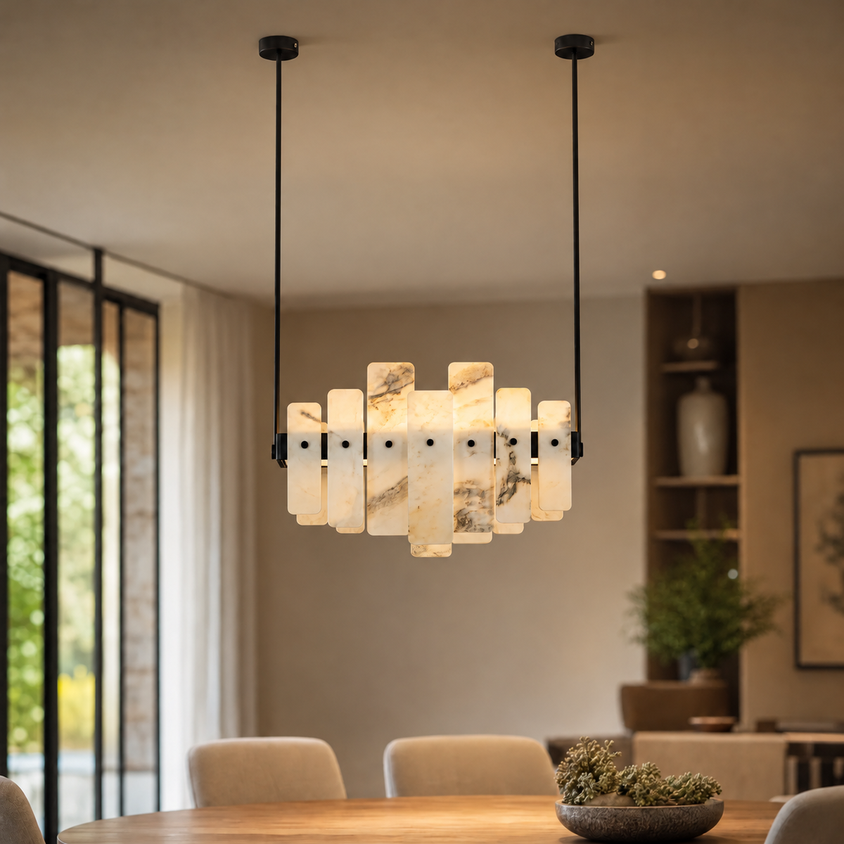 Modern Pendant Light Natural Stone Metal Chrome L27.6" for Kitchen Dining Room