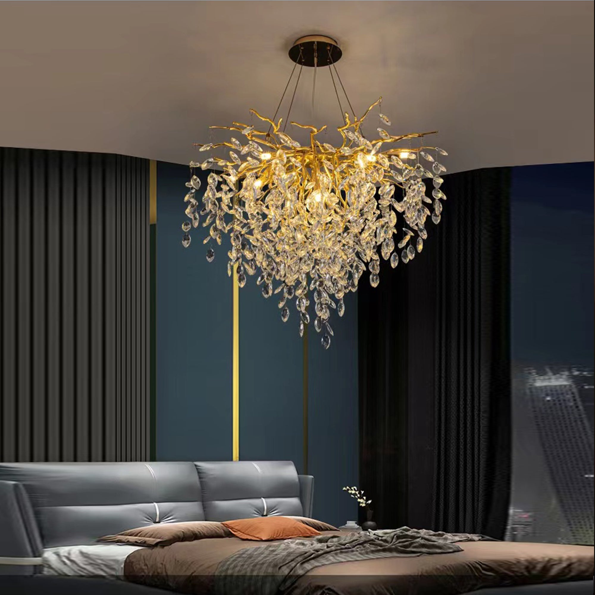 Salome Modern Oval Gold Clear Crystal Branch Chandelier For Living Room