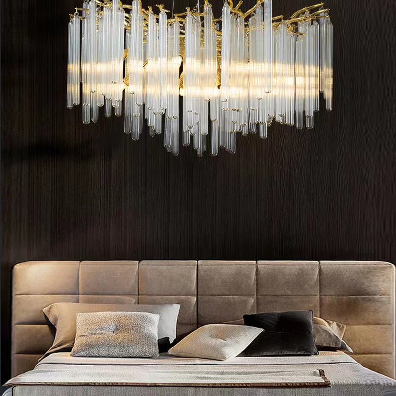 Fleur Modern Round Gold Clear Crystal Tube Branch Chandelier For Living Room