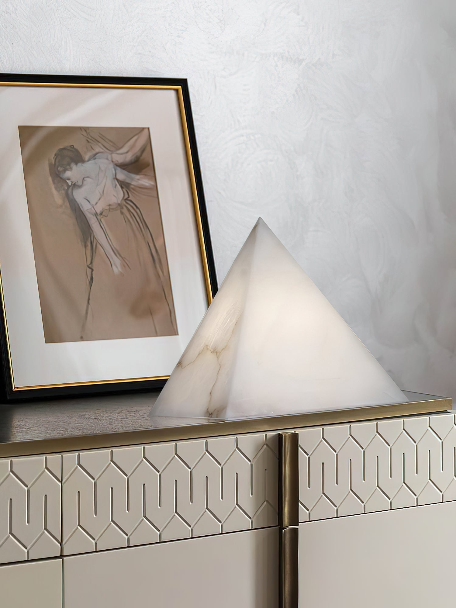 Elegant Hand‑Carved Alabaster Pyramid Table Lamp