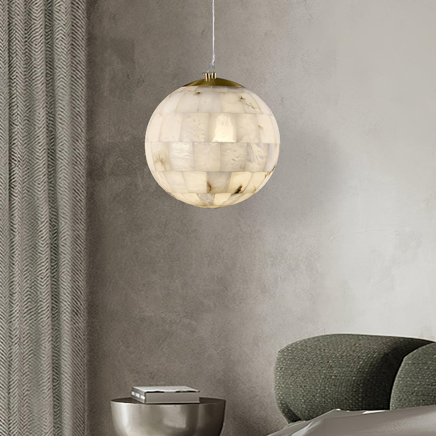 Elegant Alabaster Brass Ball Pendant Light 11" Diameter