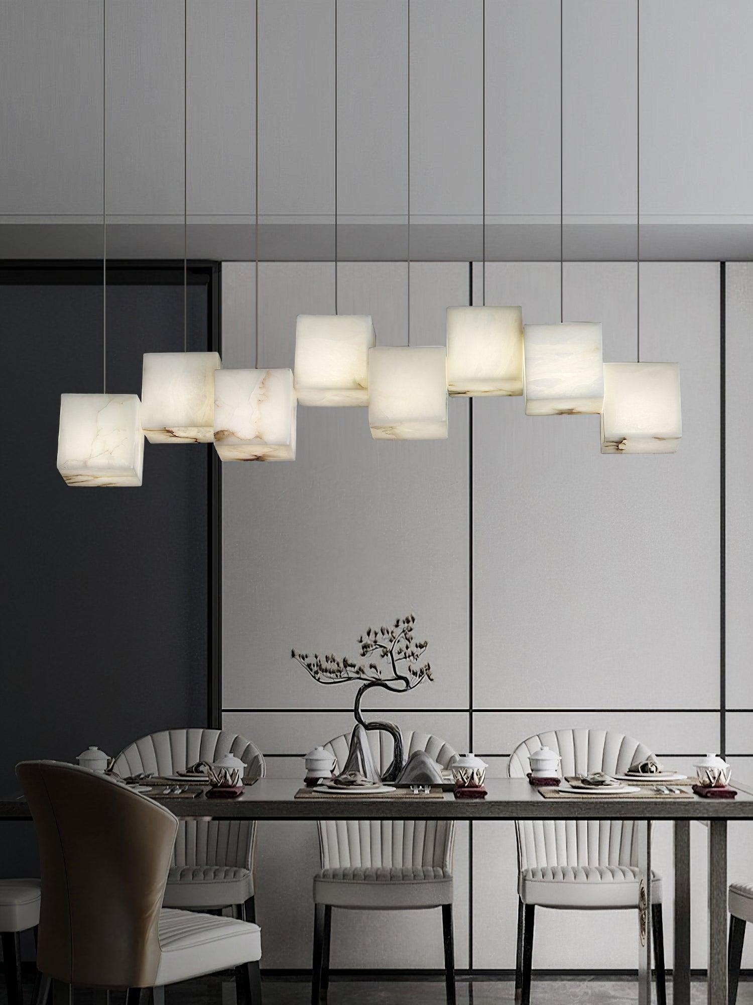 Gold White Alabaster Box Pendant Light – Geometric Ceiling Fixture