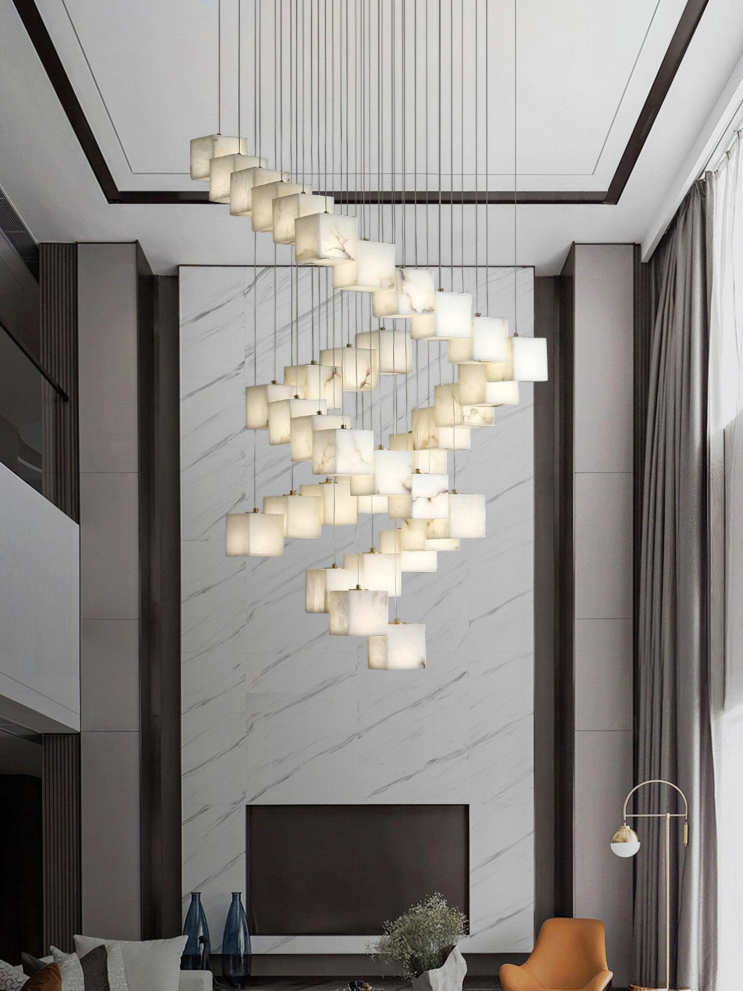 Gold White Alabaster Box Pendant Light – Geometric Ceiling Fixture