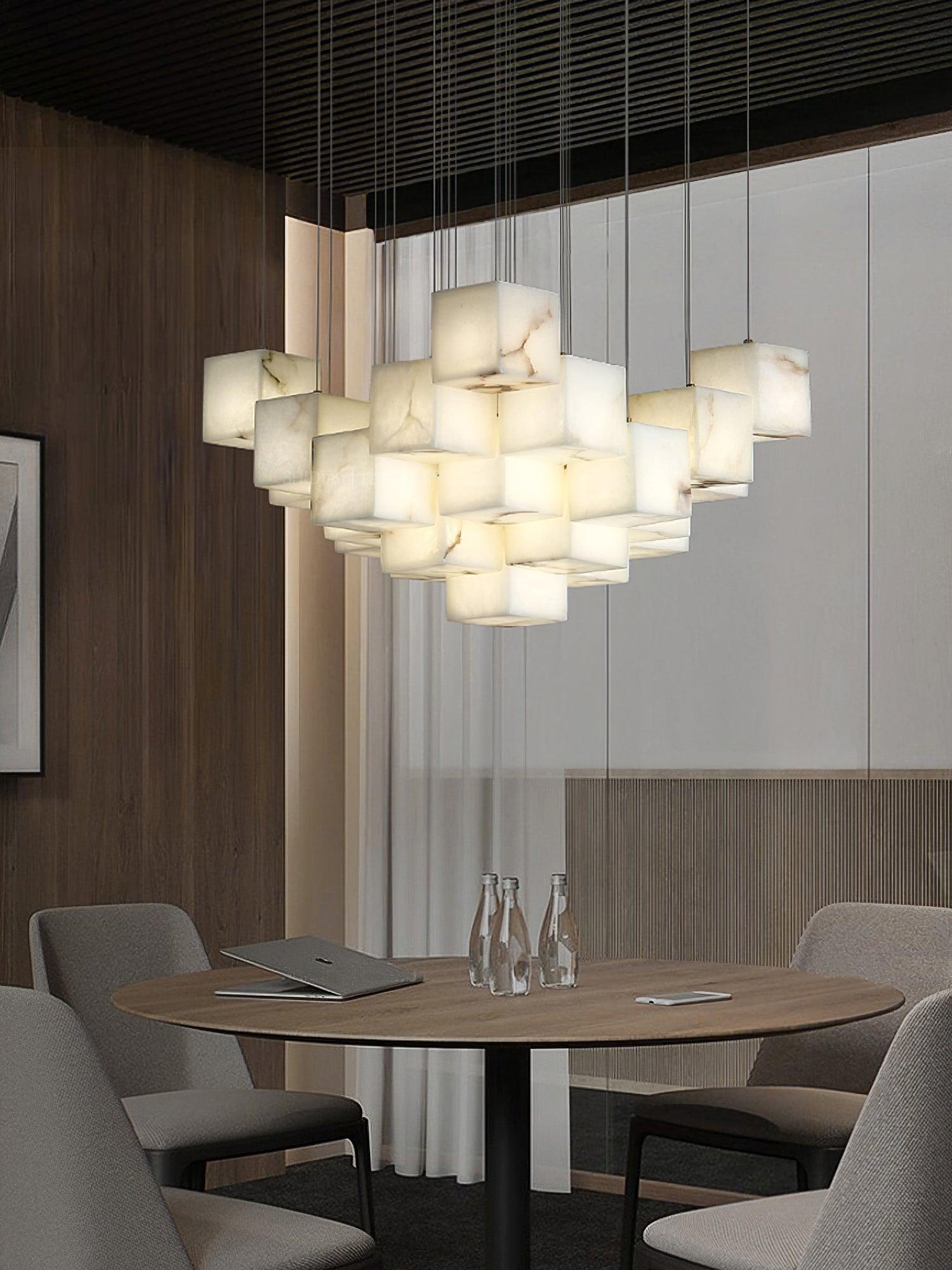 Gold White Alabaster Box Pendant Light – Geometric Ceiling Fixture