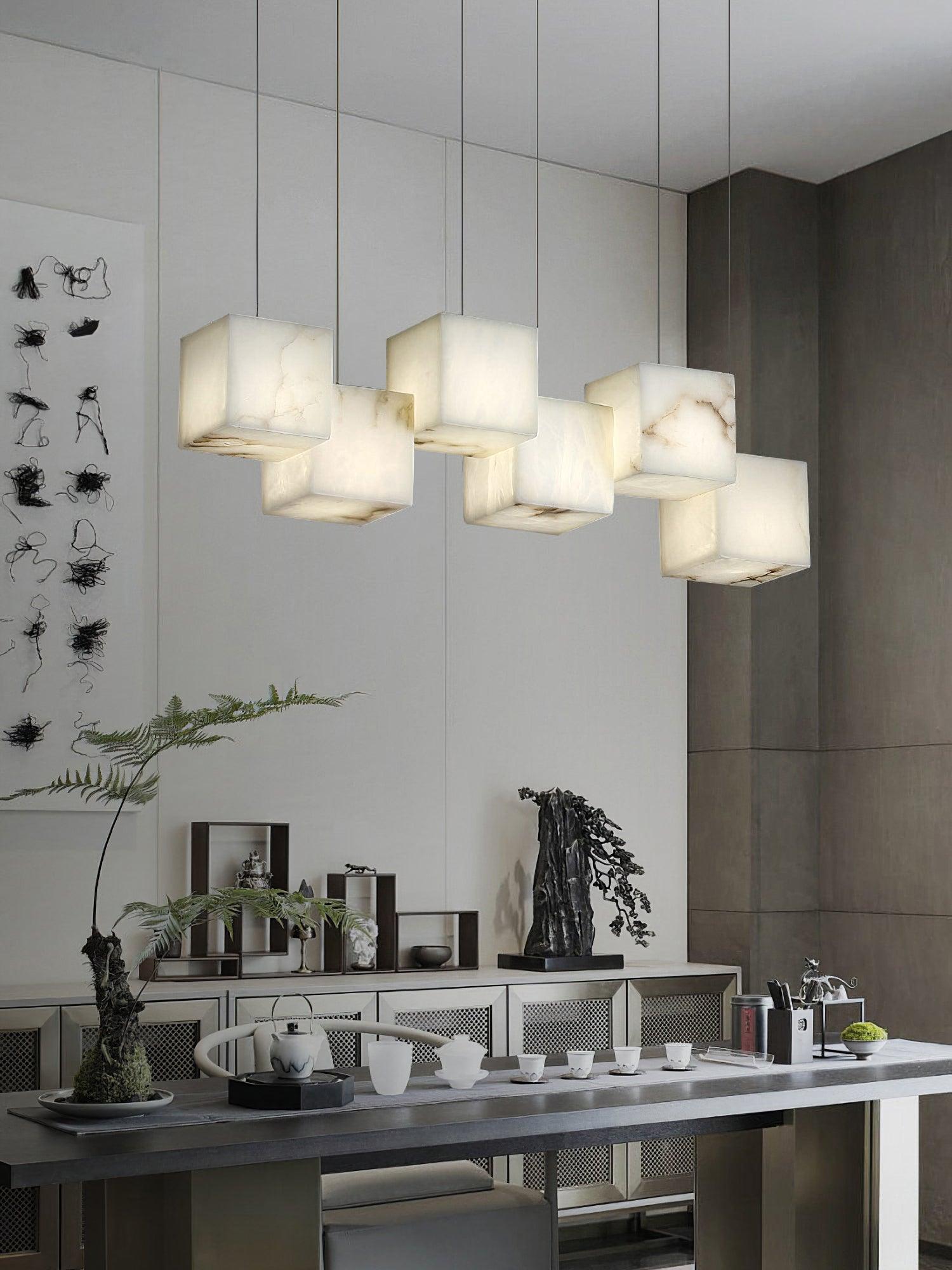 Gold White Alabaster Box Pendant Light – Geometric Ceiling Fixture