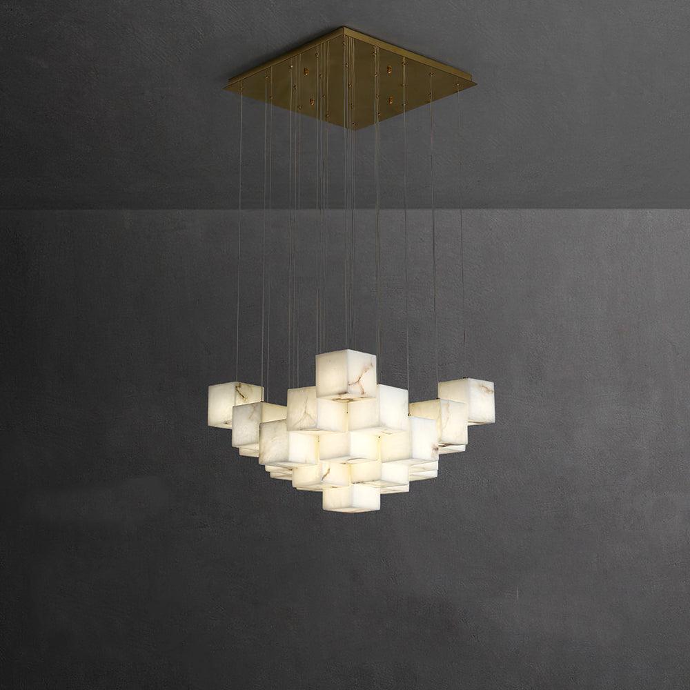 Gold White Alabaster Box Pendant Light – Geometric Ceiling Fixture