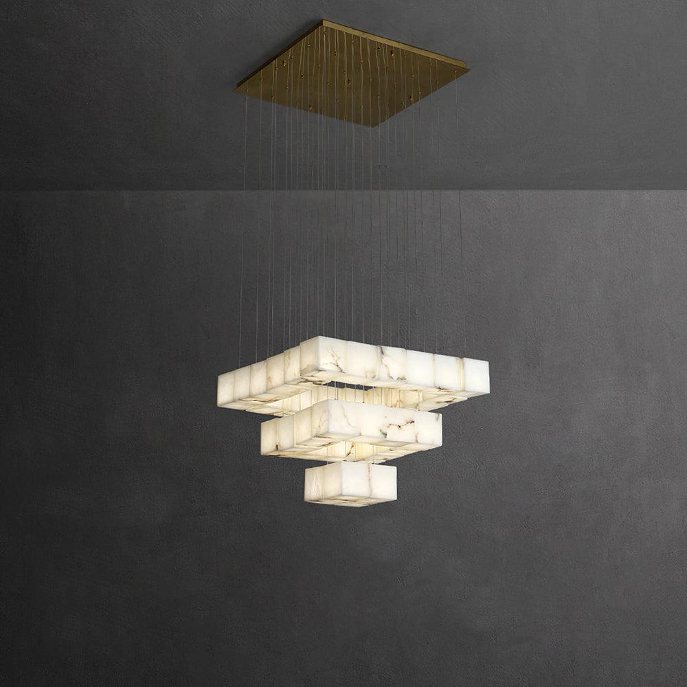 Gold White Alabaster Box Pendant Light – Geometric Ceiling Fixture
