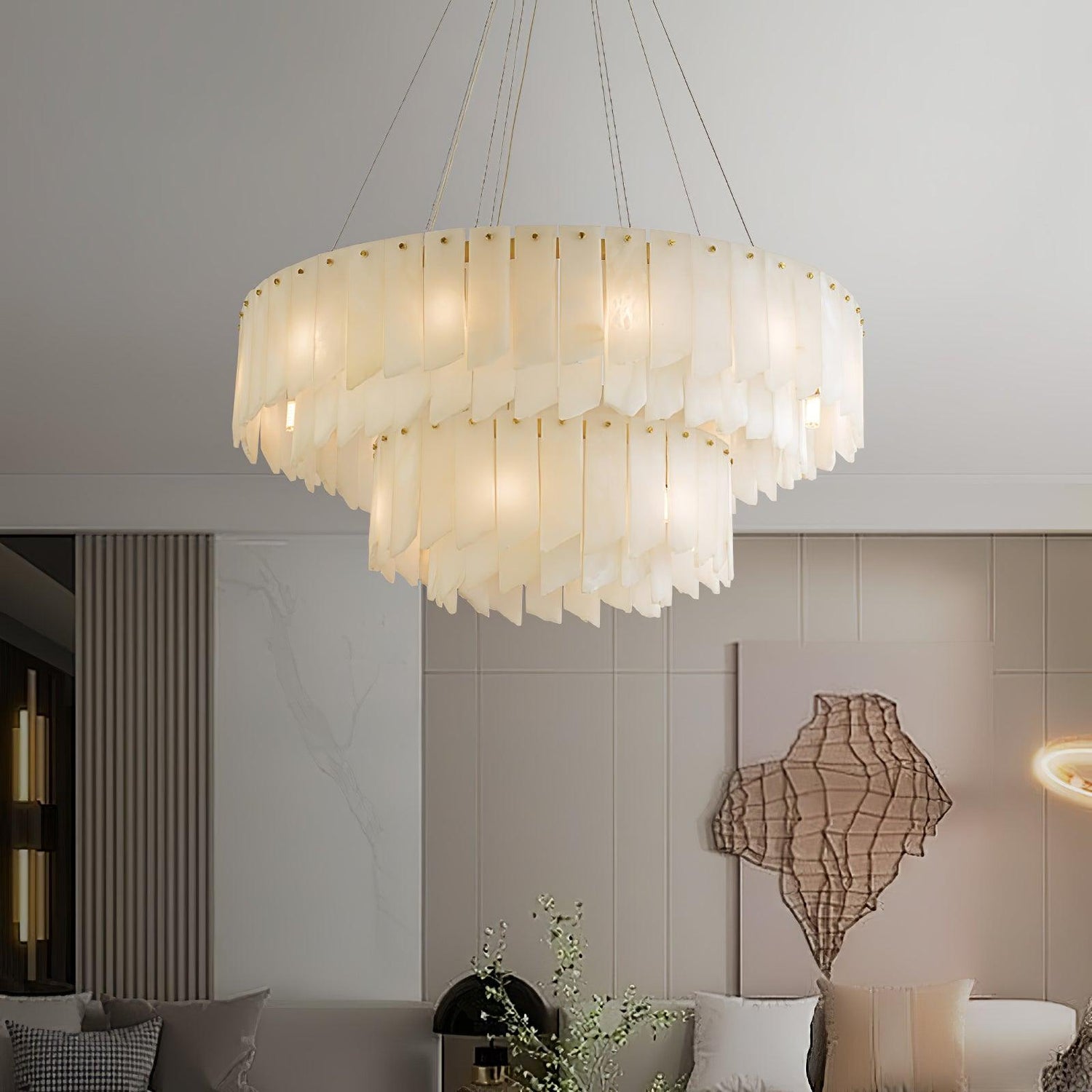 Alabaster Cascade Tiered Chandelier – Luxury Brass & White Ceiling Light