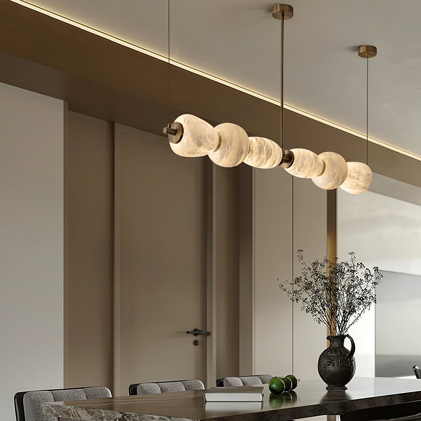 Handcrafted Alabaster Pebble Linear Chandelier – Gold & White LED