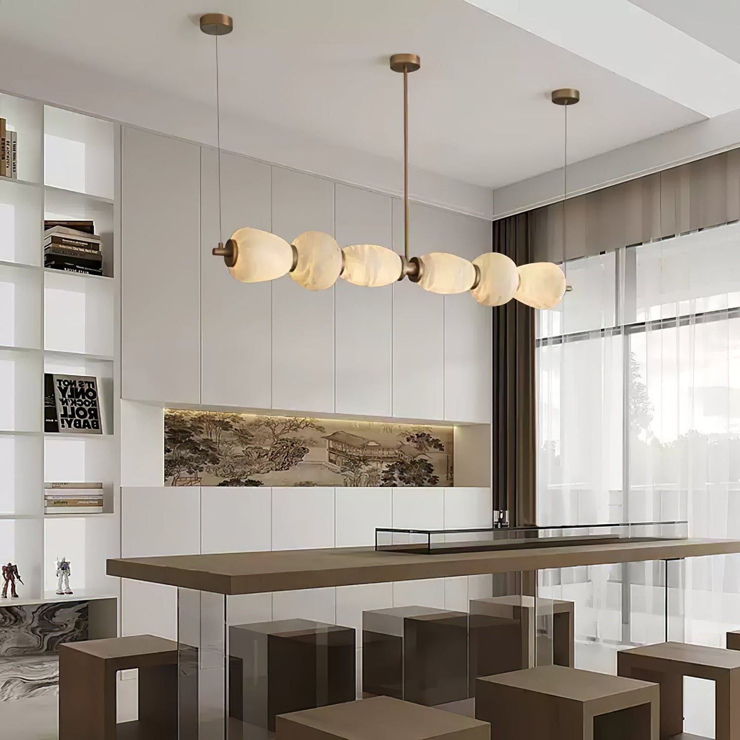 Handcrafted Alabaster Pebble Linear Chandelier – Gold & White LED