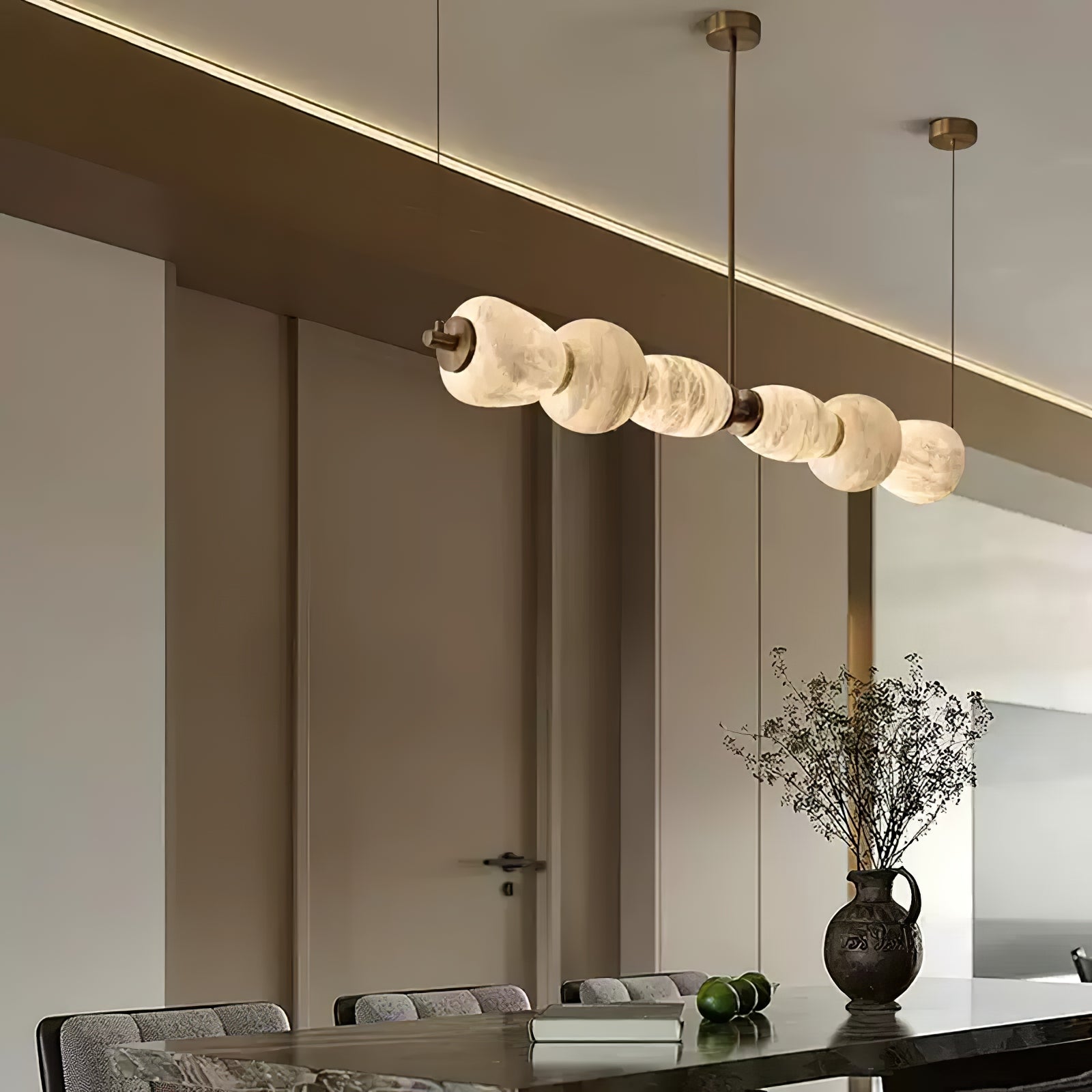Handcrafted Alabaster Pebble Linear Chandelier – Gold & White LED