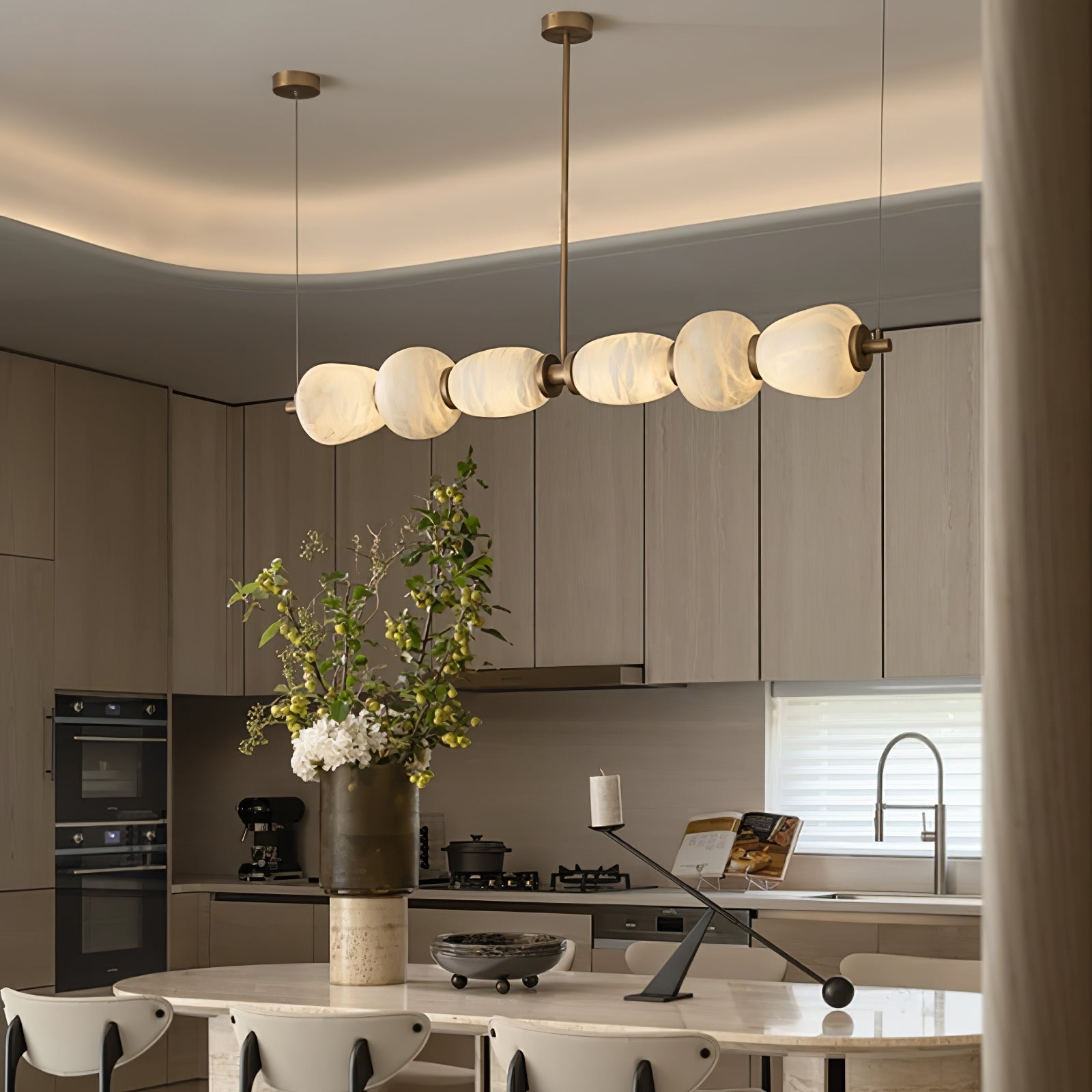 Handcrafted Alabaster Pebble Linear Chandelier – Gold & White LED