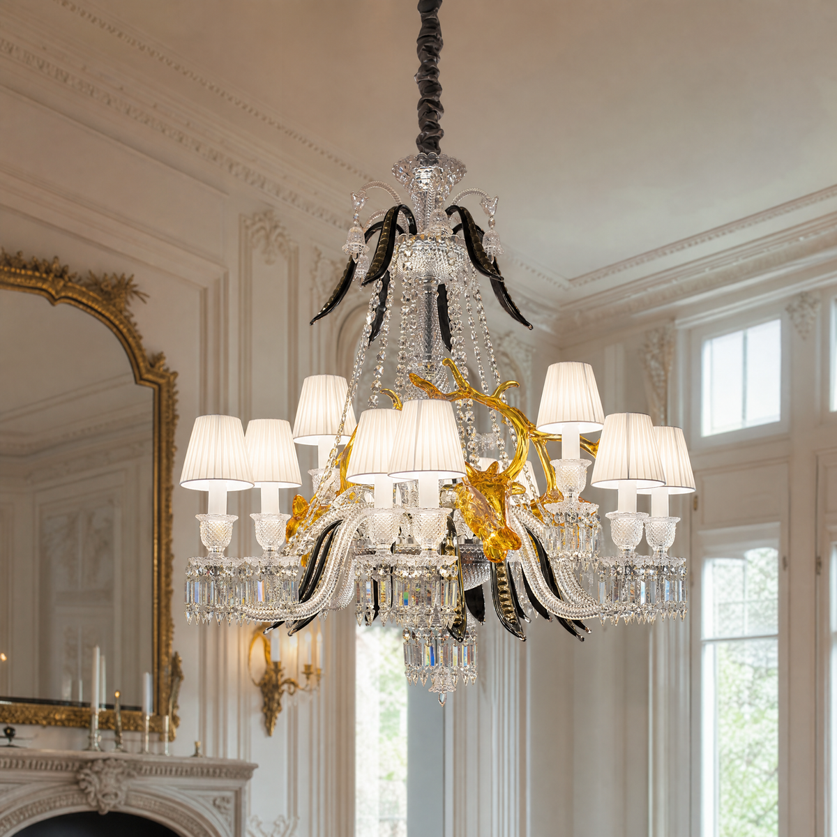 Amber Deer Head Pleated Fabric Candle Crystal Chandelier