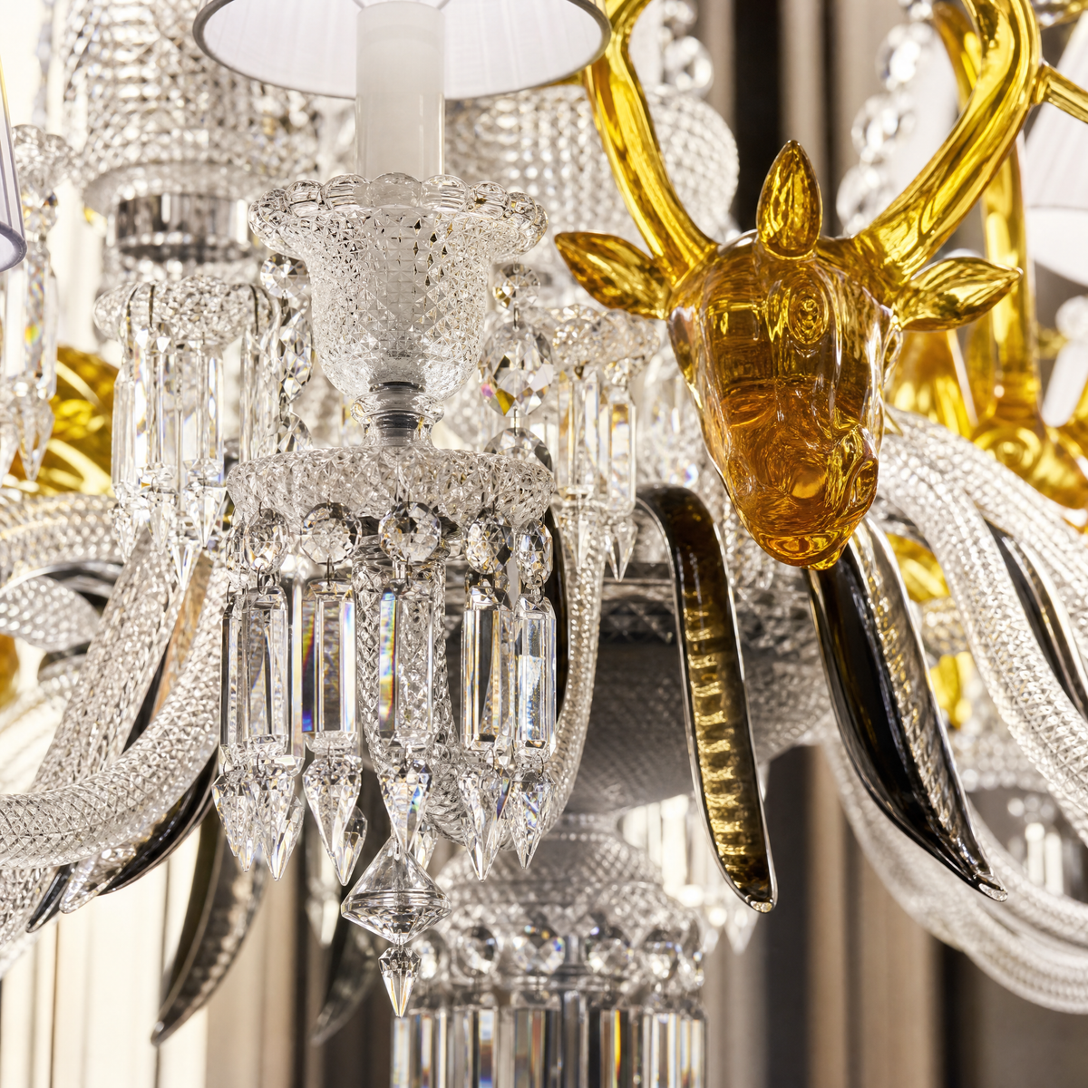 Amber Deer Head Pleated Fabric Candle Crystal Chandelier