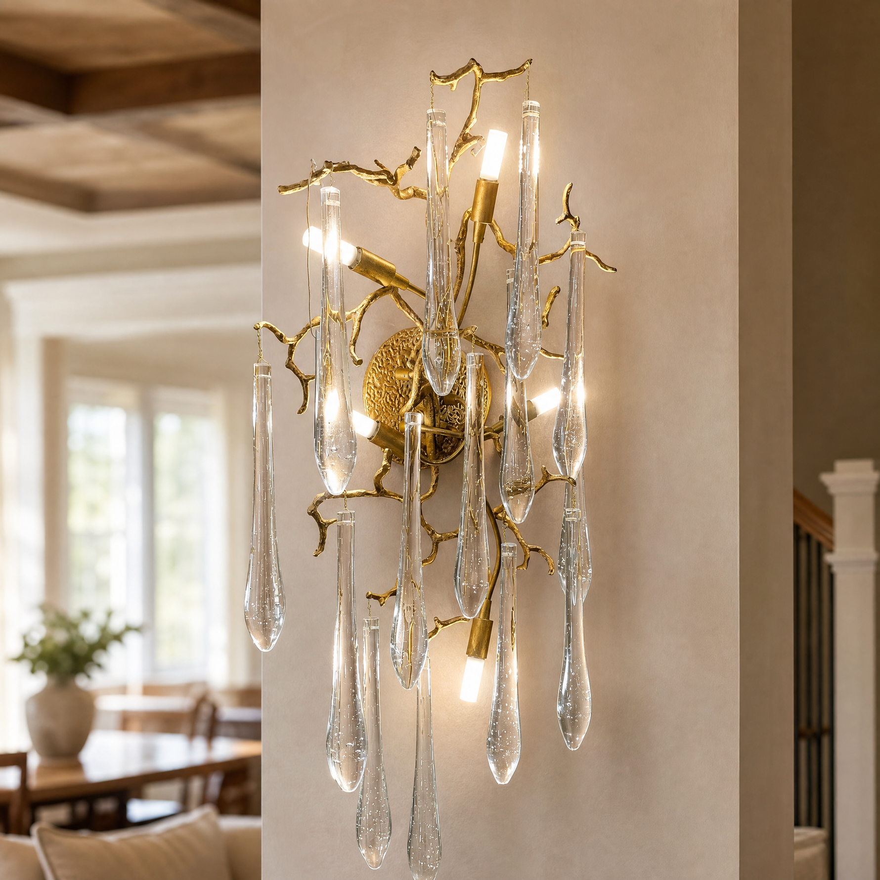 Antique Brass Branch Wall Sconce with Clear Crystal Icicle Drops