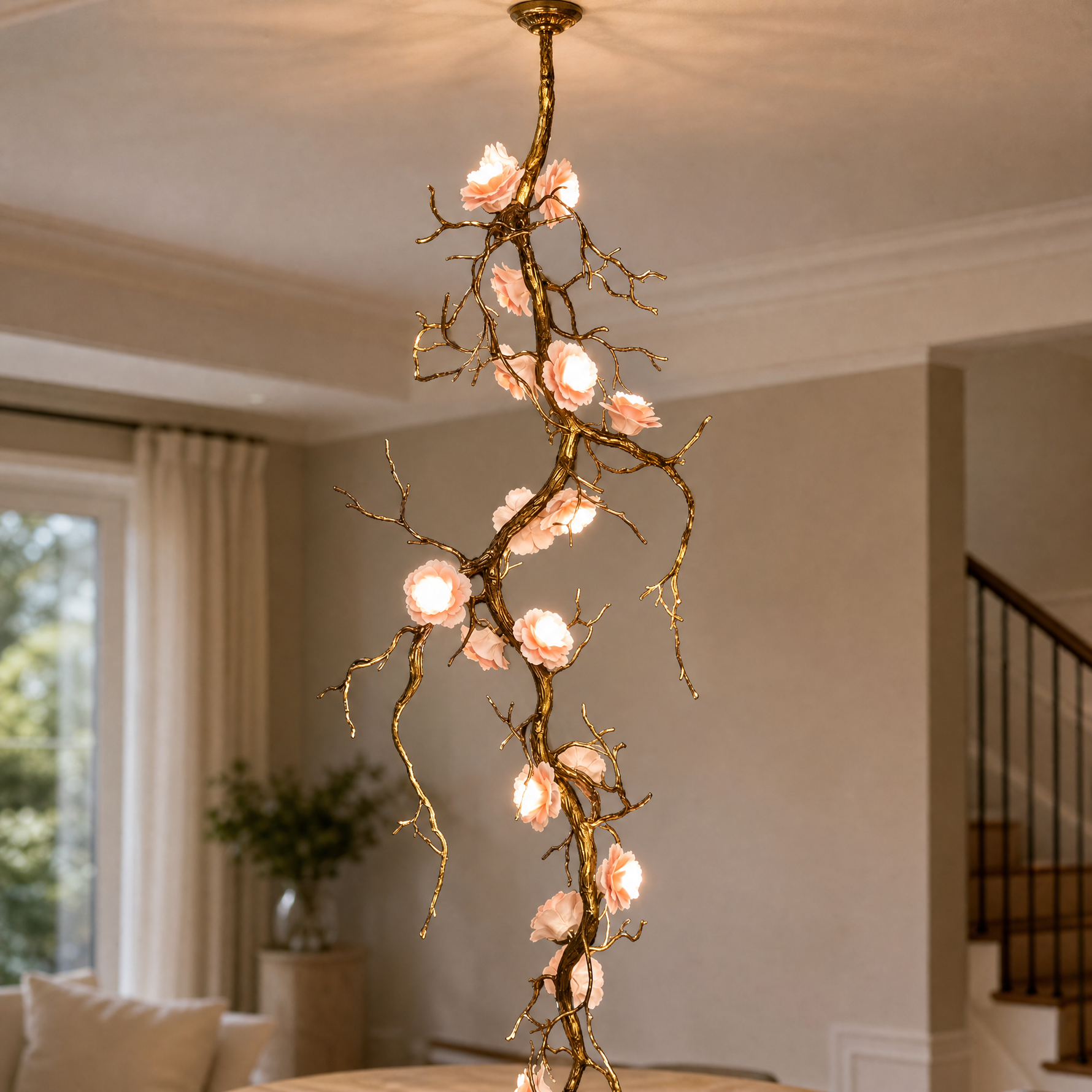 Antique Brass Metal Branch Chandelier with Floral Glass Shades