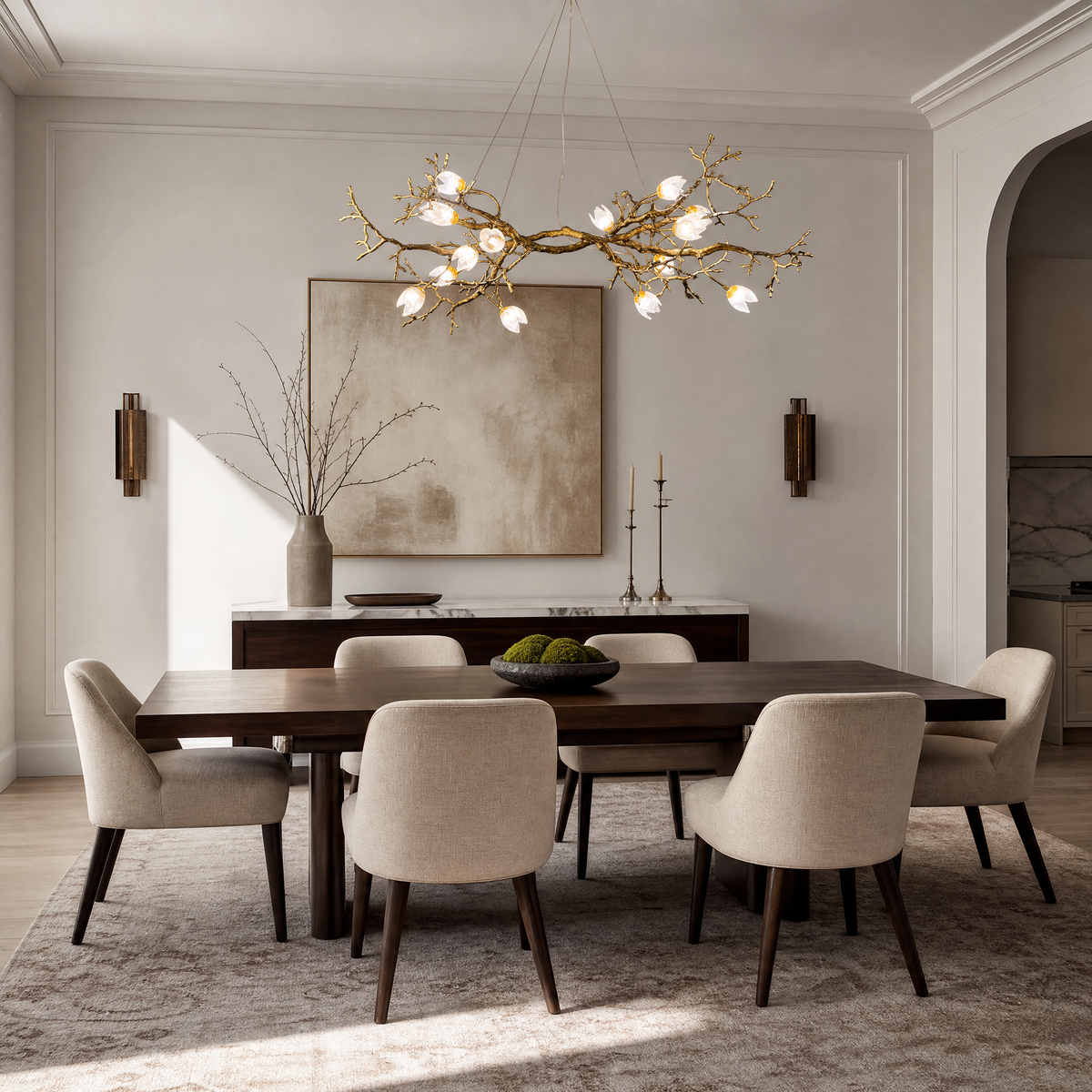 Antique Brass Metal and Frosted Glass Magnolia Branch Chandelier