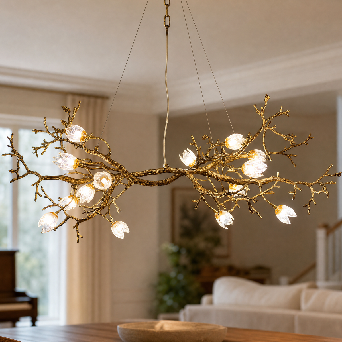 Antique Brass Metal and Frosted Glass Magnolia Branch Chandelier
