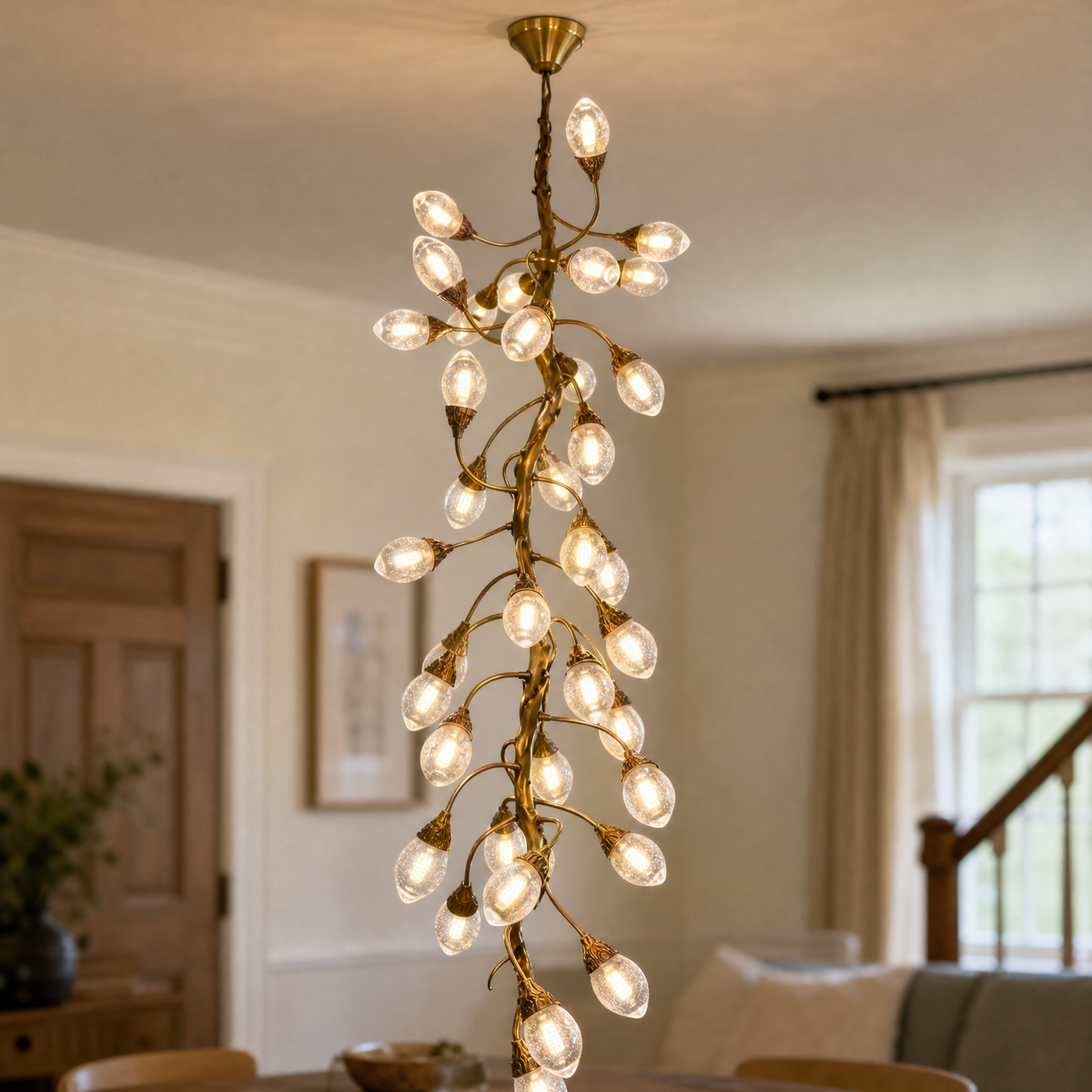 Antique Brass Metal and Glass Vine Branch Chandelier