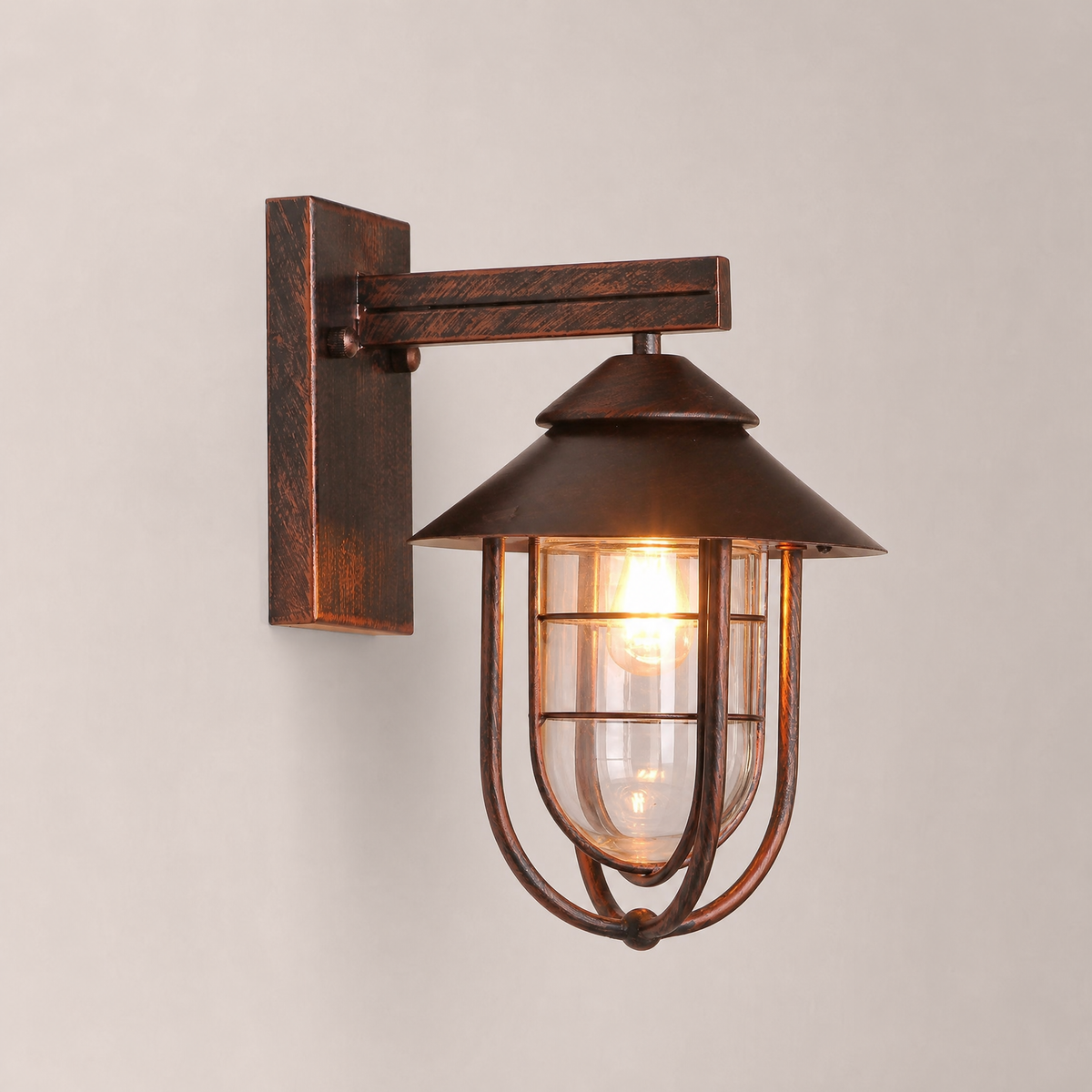 Antique Copper Iron and Clear Glass Caged Outdoor Wall Lantern