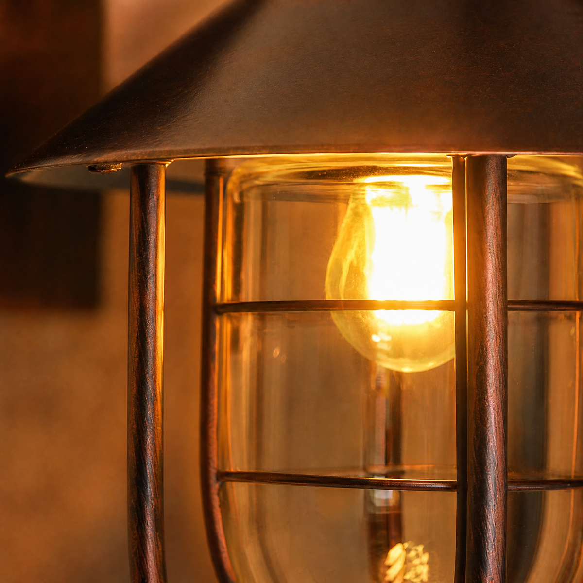 Antique Copper Iron and Clear Glass Caged Outdoor Wall Lantern