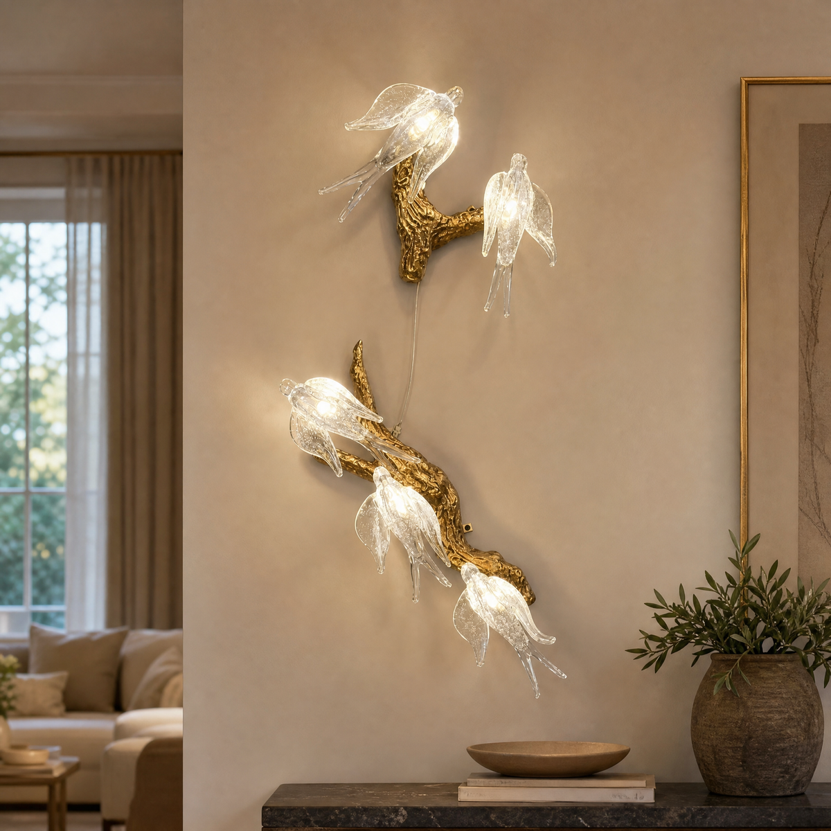 A modern wall sconce with a sculptural, branch-like frame in an antique brass finish and clear textured glass bloom shades.