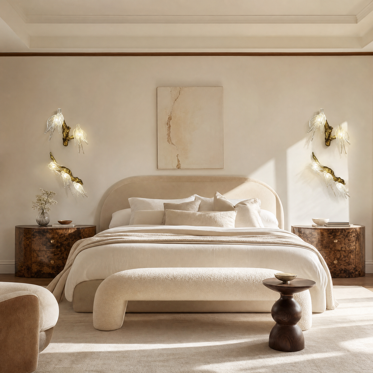 A modern wall sconce with a sculptural, branch-like frame in an antique brass finish and clear textured glass bloom shades.