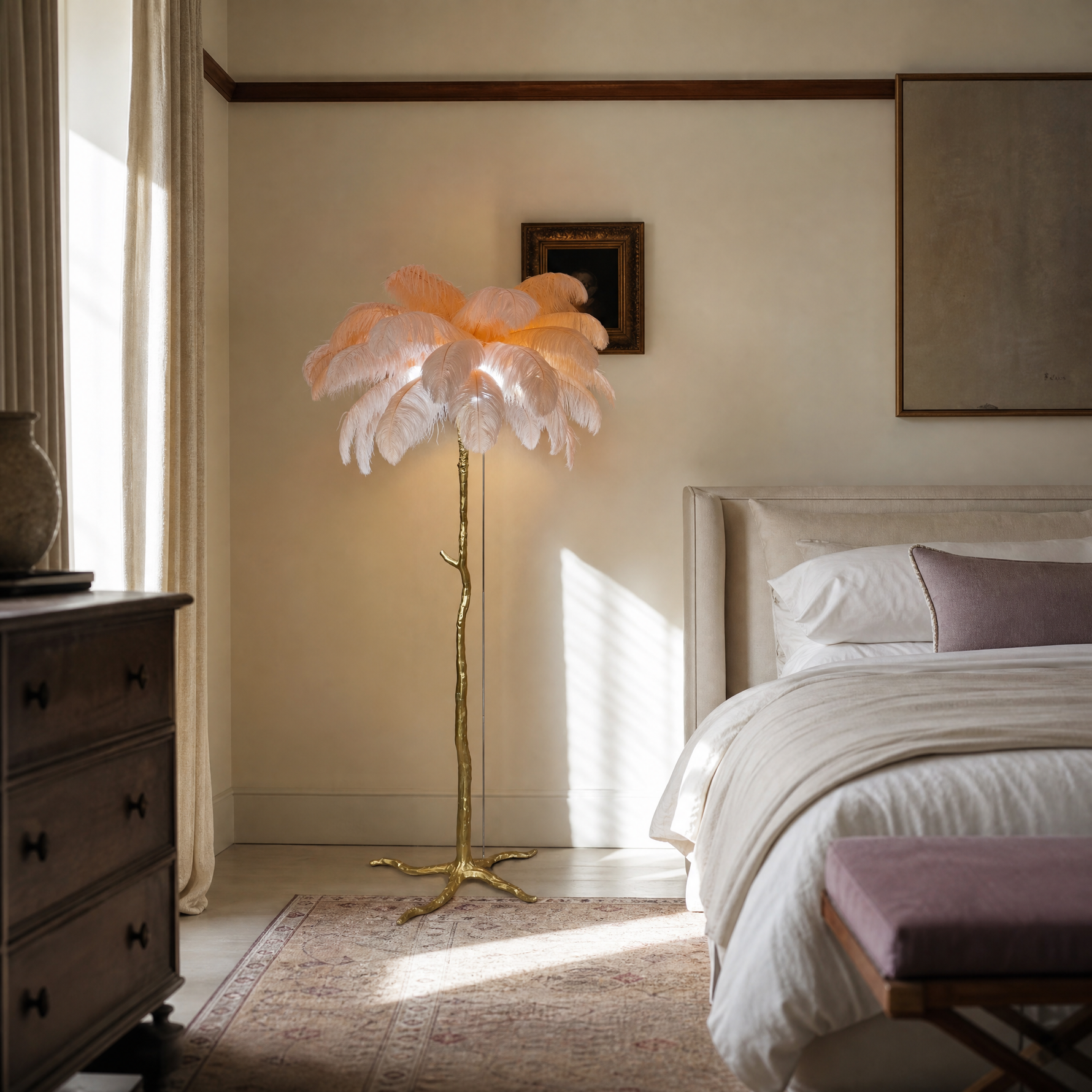 A floor lamp with a blush pink ostrich feather shade and a gold, tree-trunk shaped base stands on a neutral floor.