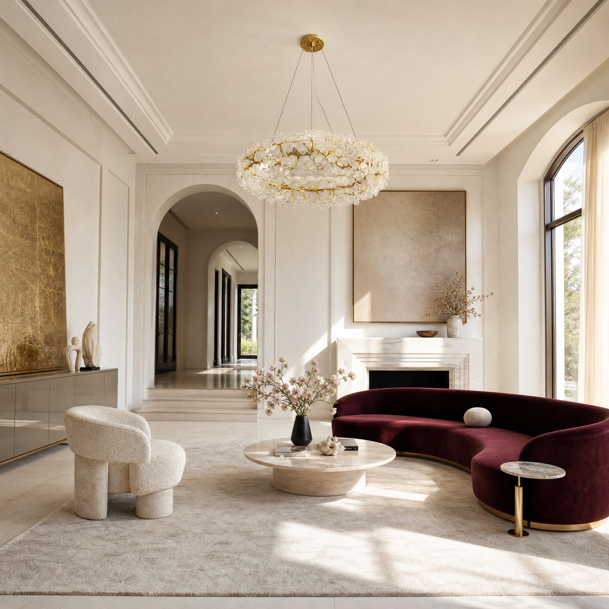 A circular gold metal chandelier with frosted glass leaf accents suspended by thin cables.