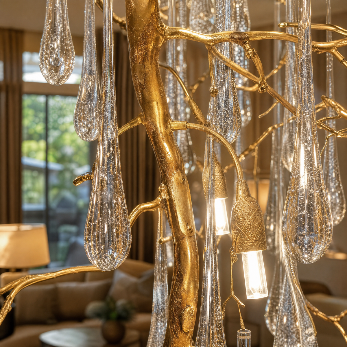 A tiered gold chandelier featuring cascading clear crystal icicle pendants suspended from a metallic branch-like frame.