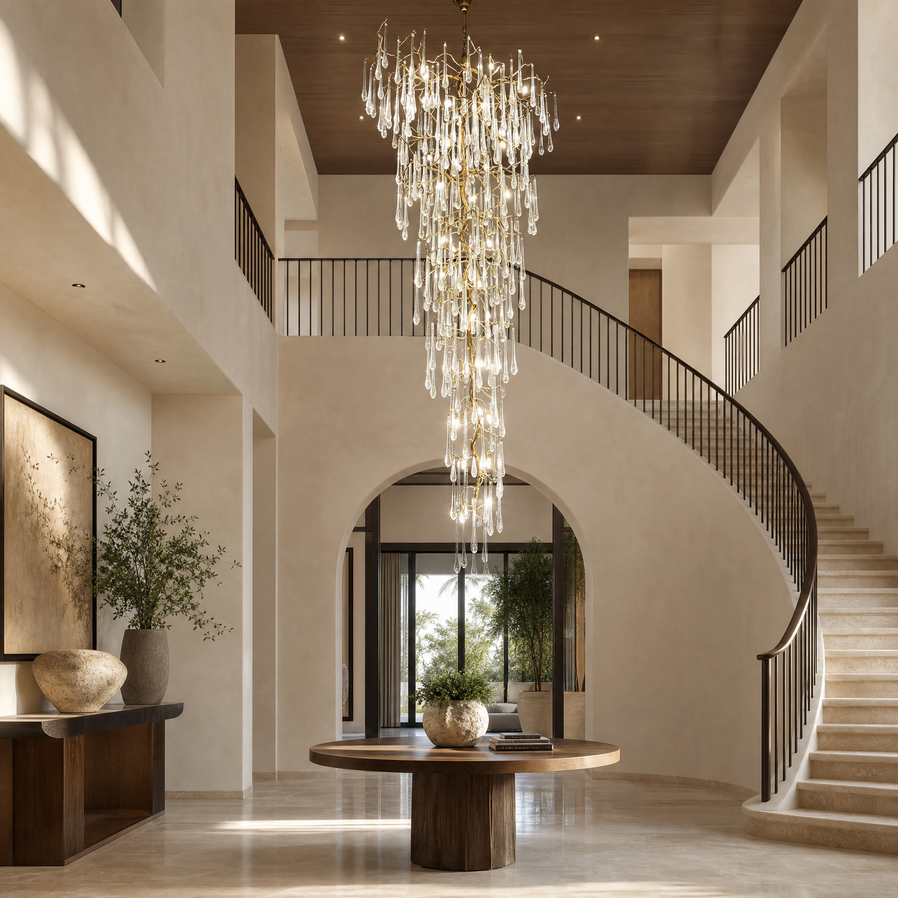 A tiered gold chandelier featuring cascading clear crystal icicle pendants suspended from a metallic branch-like frame.