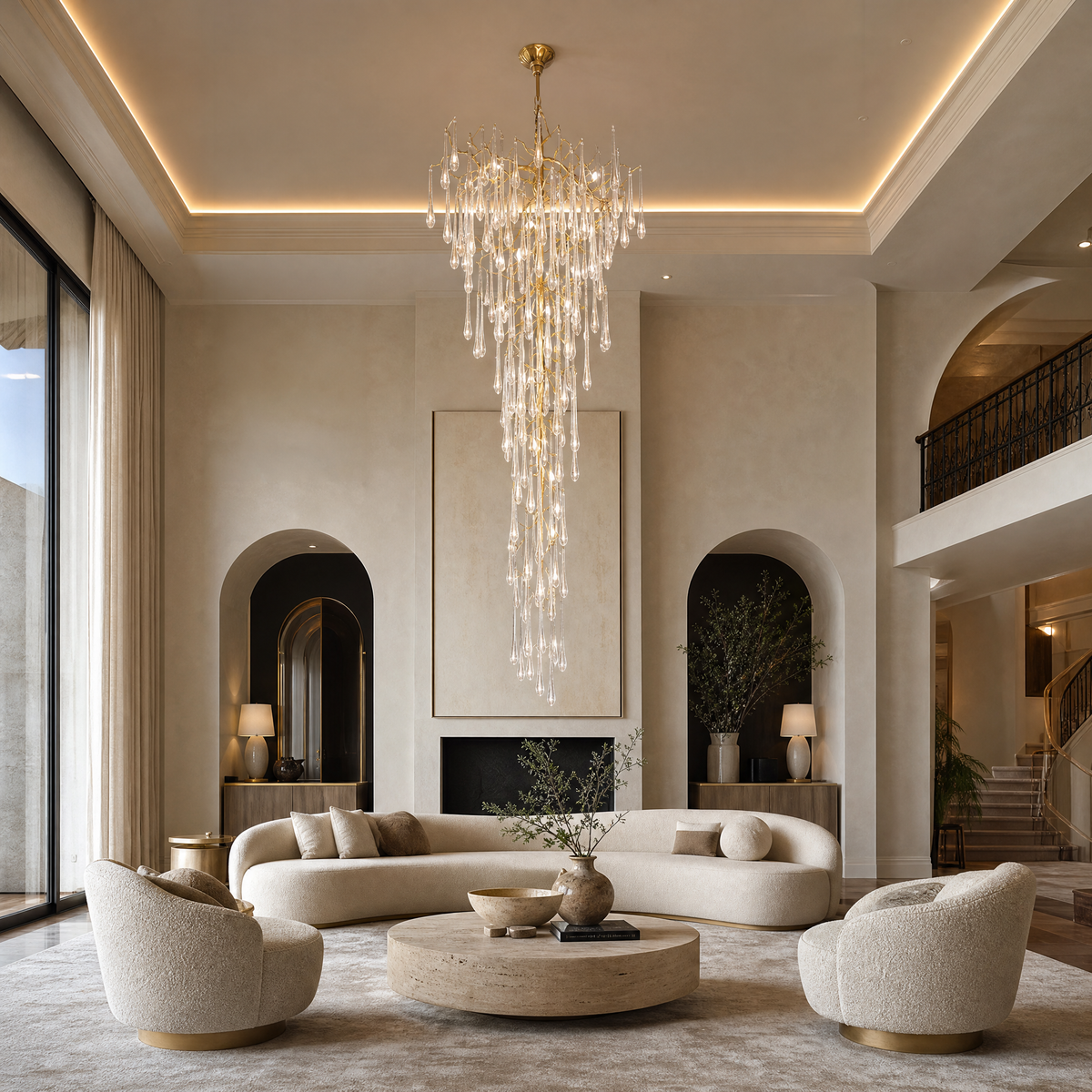 A tiered gold chandelier featuring cascading clear crystal icicle pendants suspended from a metallic branch-like frame.